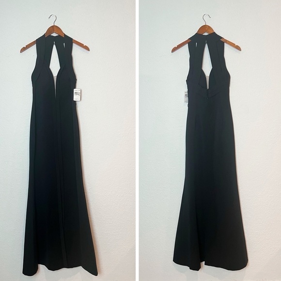 Aidan Mattox Crepe Halter Gown Plunging Illusion V-Neckline Dress - Picture 2 of 11